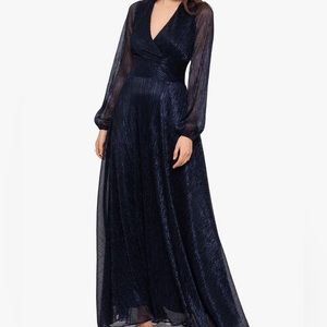 LONG SLEEVE V NECK METALLIC KNIT WRAP DRESS